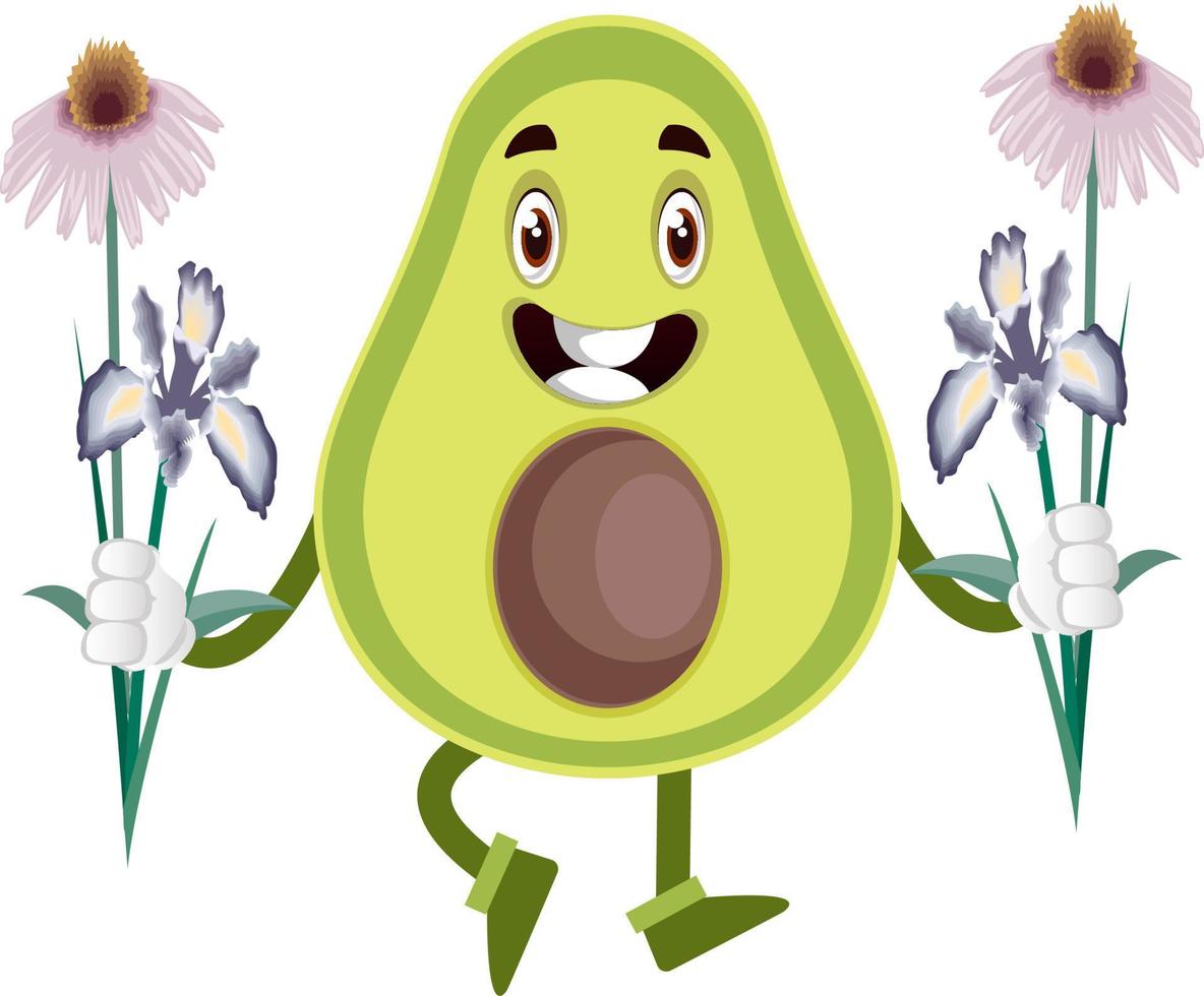 Aguacate sosteniendo flores, ilustración, vector sobre fondo blanco.