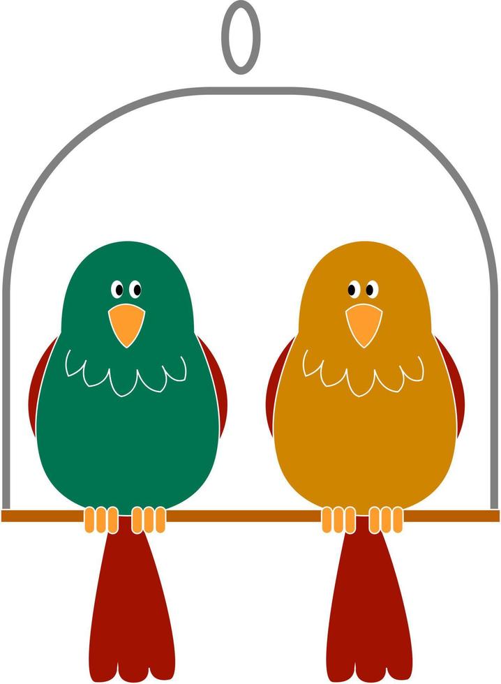 Two cute birds on swing, illustration, vector on white background.