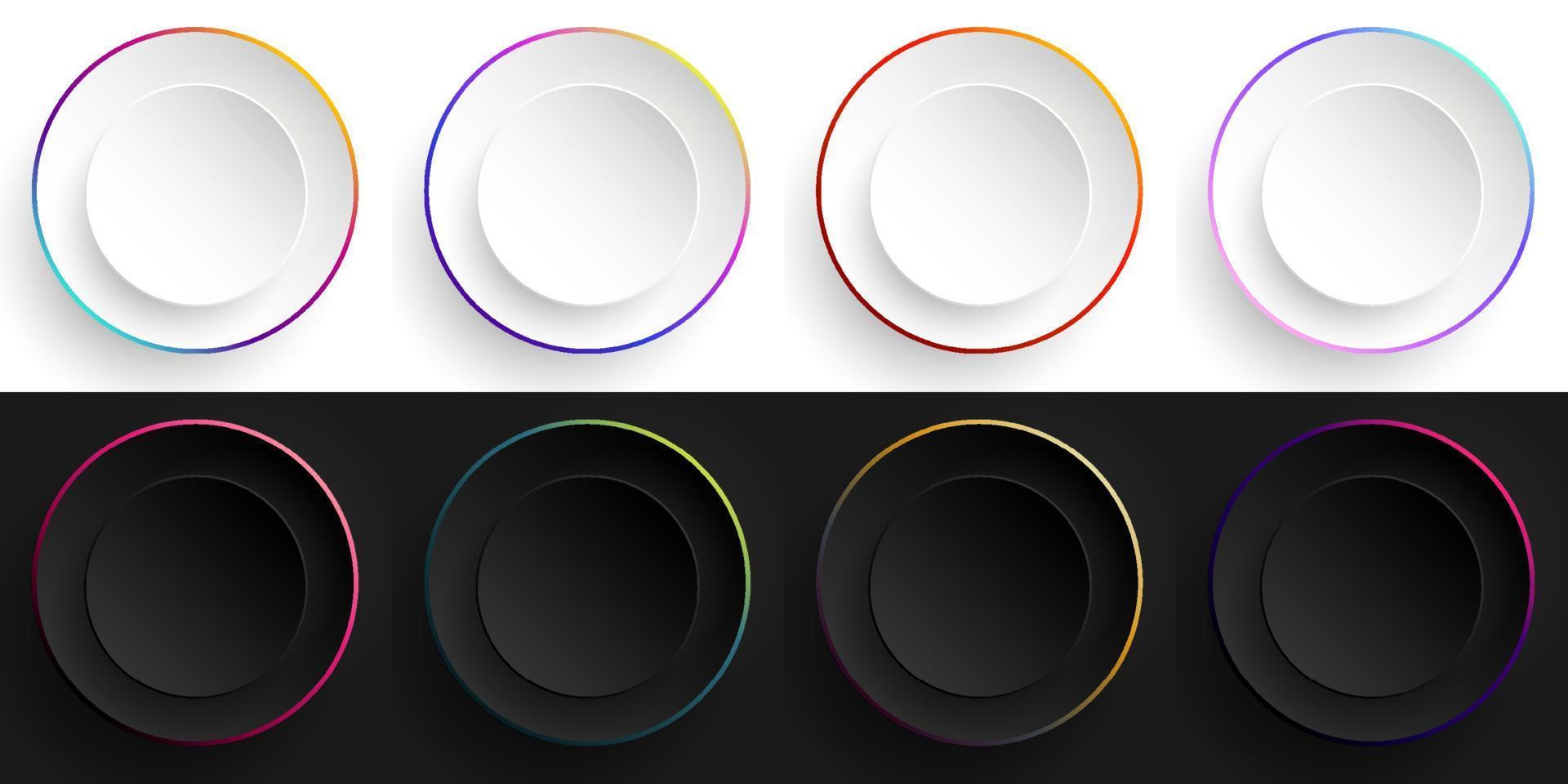 conjunto de círculos de colores 3d bordean el fondo de elementos de formas de círculos blancos y negros vector