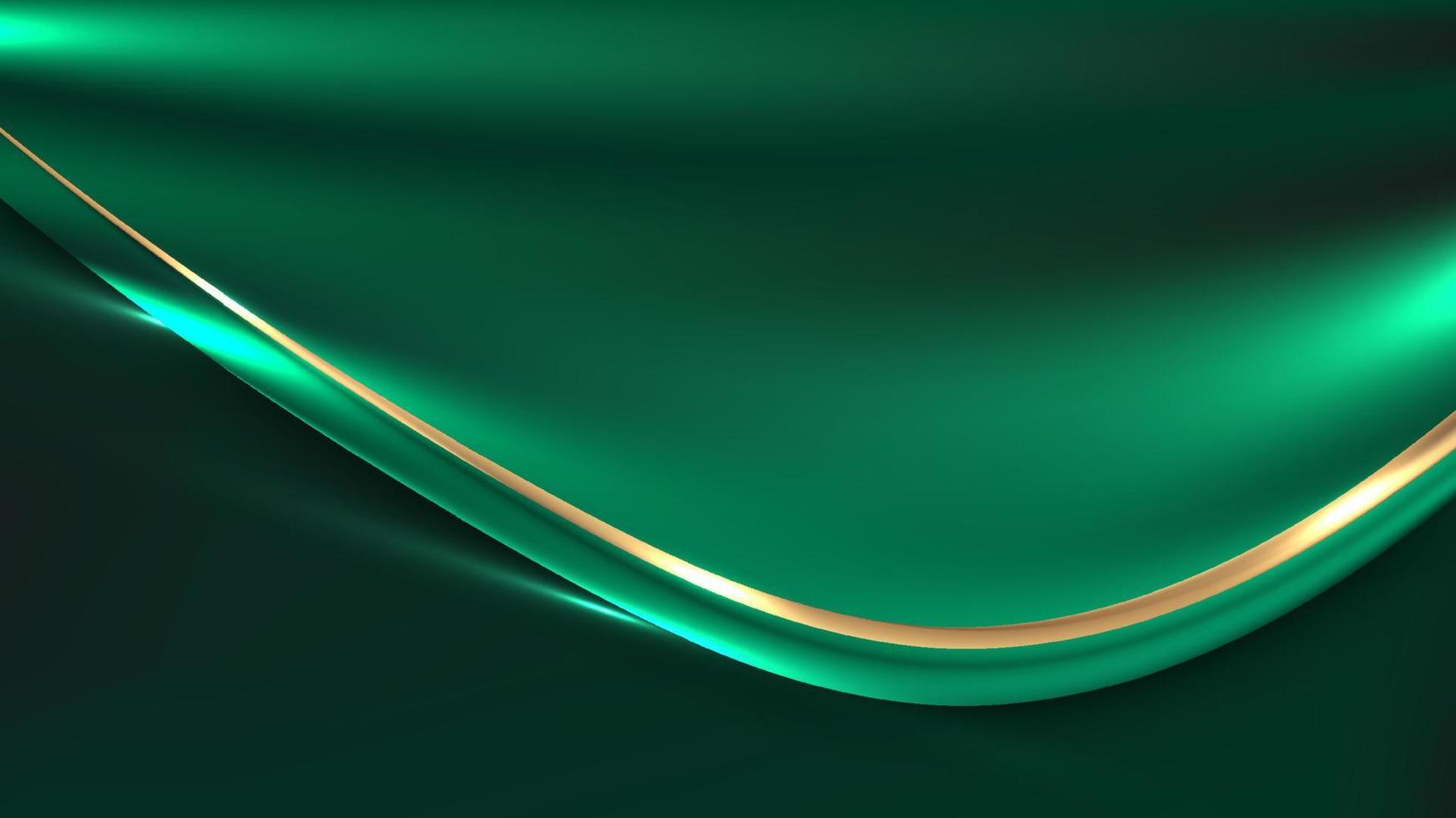 Abstract luxury green fabric satin background with shiny golden line with lighting effect vector