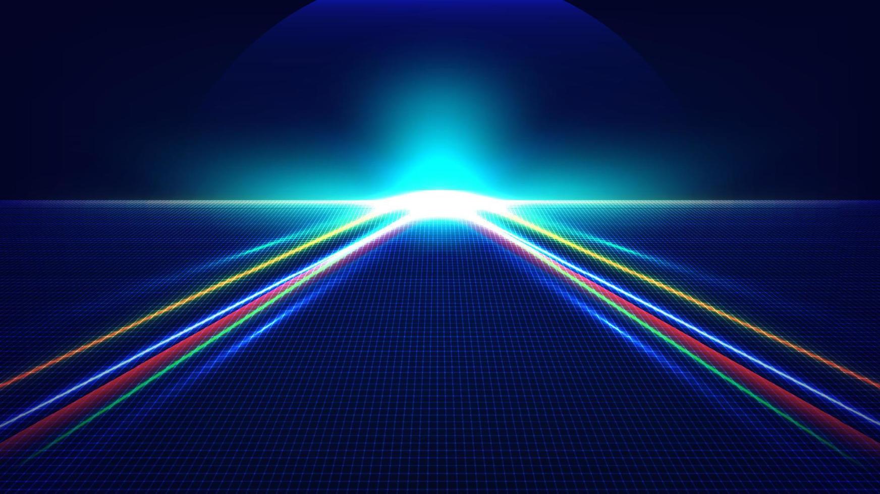 Abstract technology futuristic concept neon glowing lighting arrow lines way light burst on dark blue grid perspective background vector