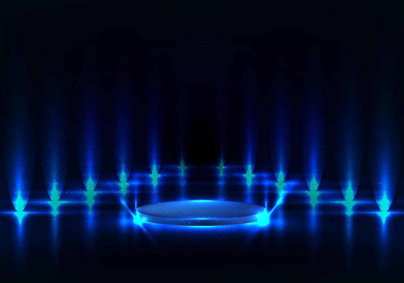 3D realistic pedestal podium with blue lighting illuminate and reflect surface on dark walk way background vector