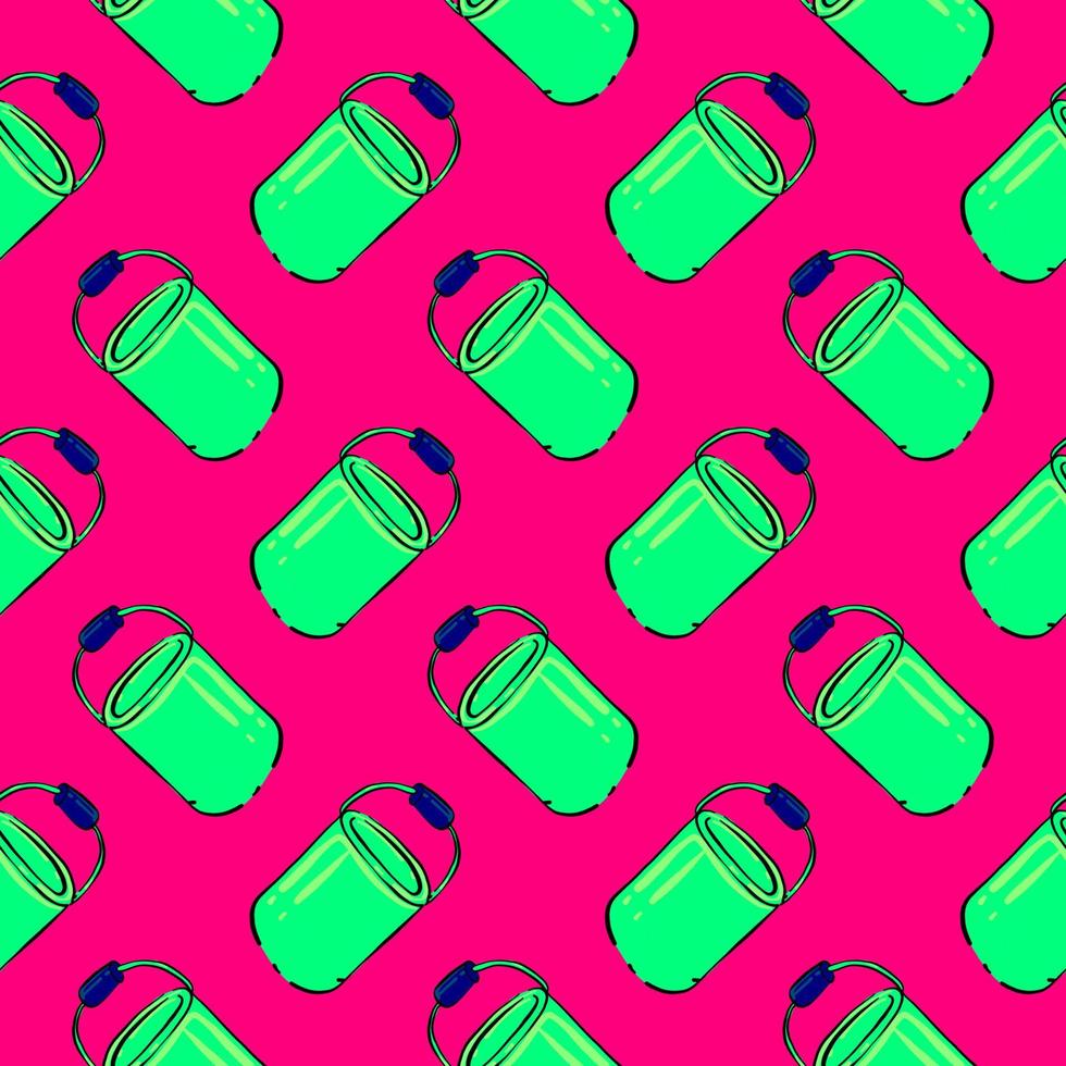 Green paint bucket, seamless pattern on bright pink background. vector