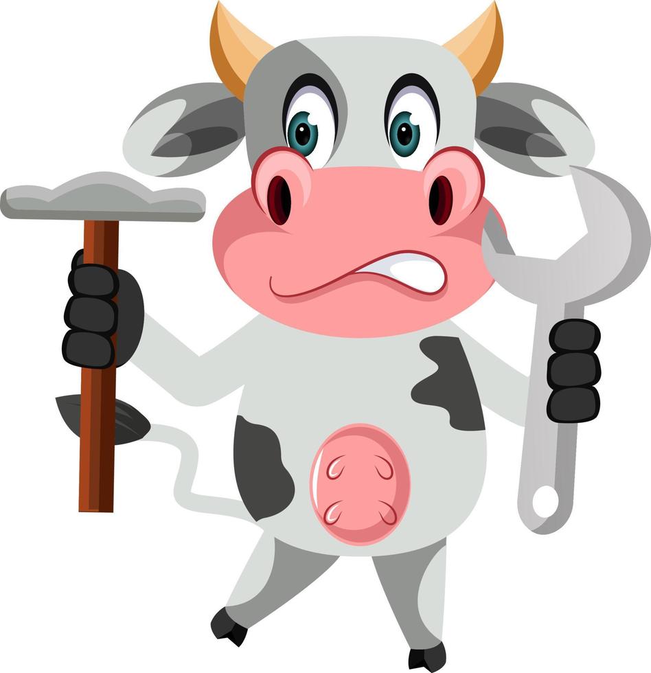 Cow with hammer, illustration, vector on white background.