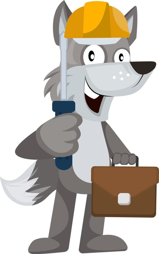 Wolf with tools, illustration, vector on white background.