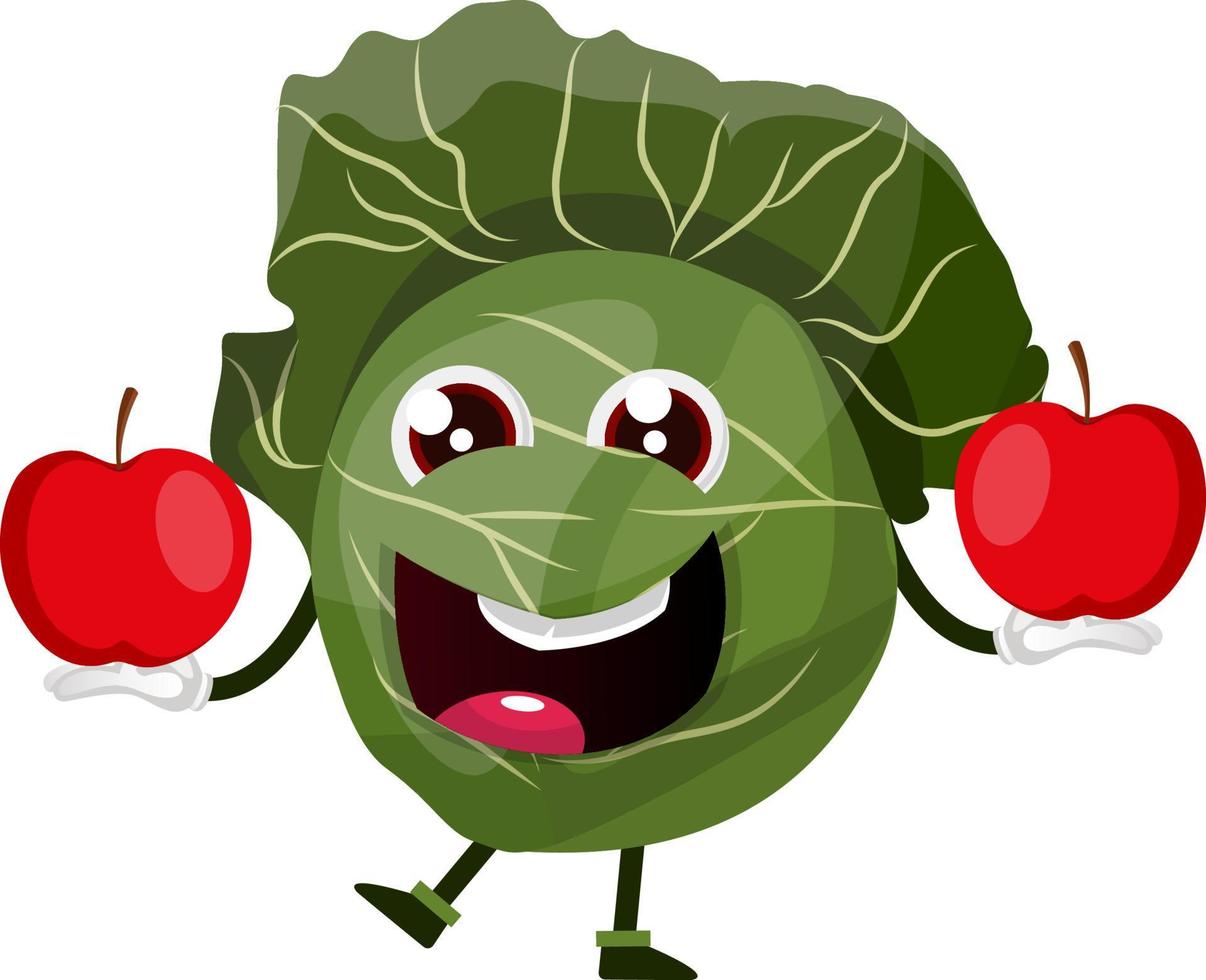 Cabbage is holding two apples, illustration, vector on white background.
