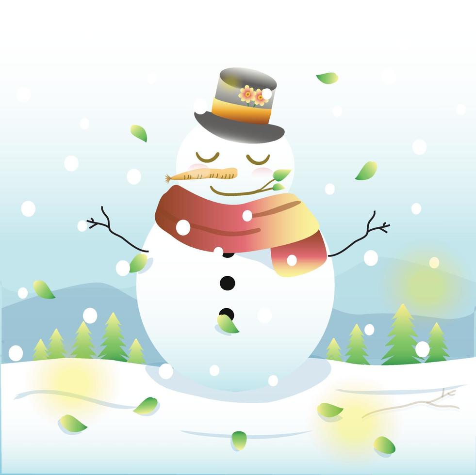 Snowman with hat and scarf isolated on leaf snow background. Vector illustration
