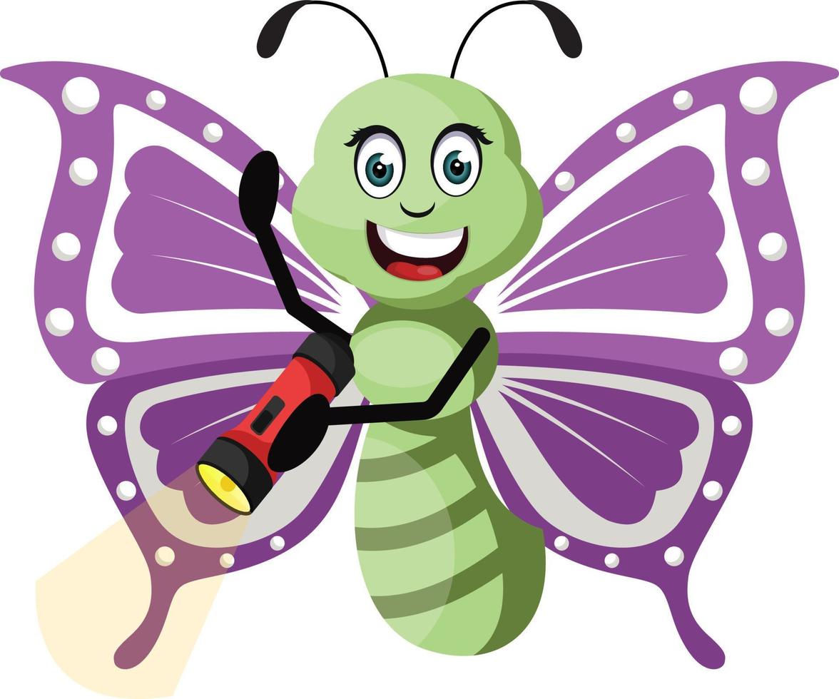 Butterfly with flashlight, illustration, vector on white background.