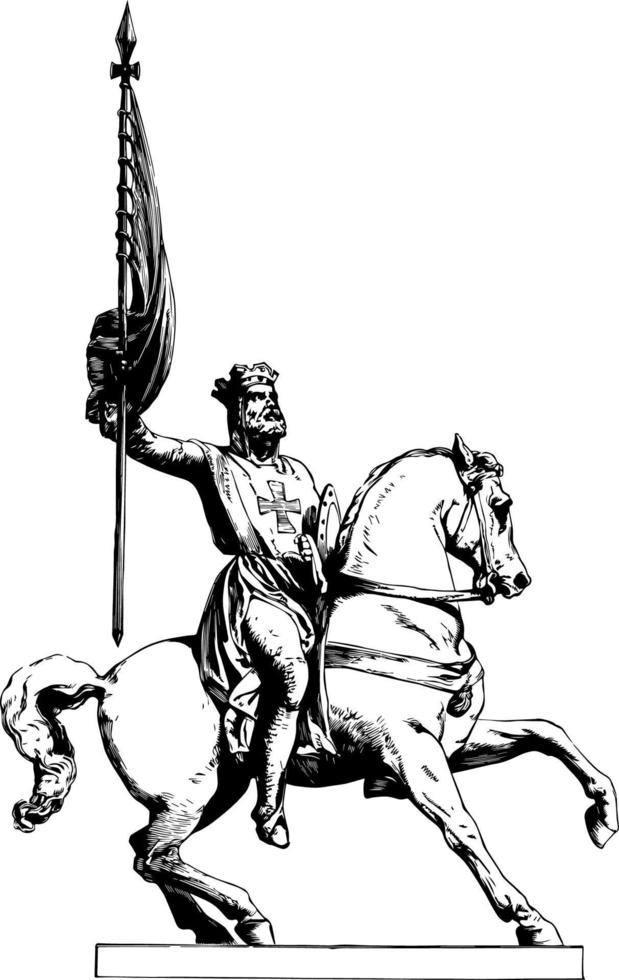 la estatua fue uno de los líderes de la primera cruzada durante la época medieval en 1095, grabado antiguo. vector