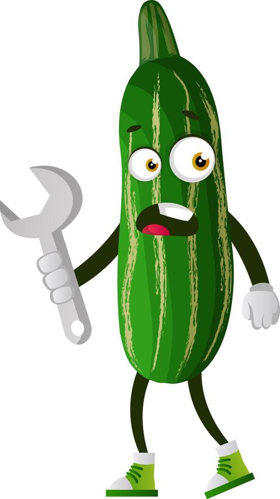 Cucumber with wrench, illustration, vector on white background.