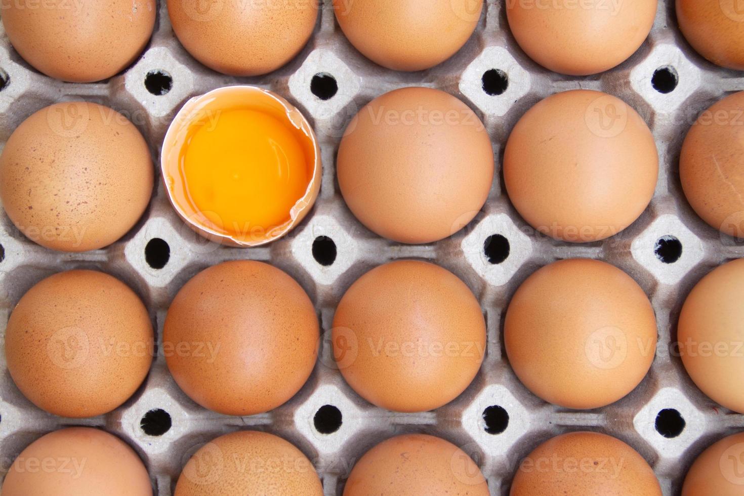 el huevo de gallina marrón está medio roto entre otros huevos, huevos empacados en cartón o cajas para transportar, huevo de gallina foto