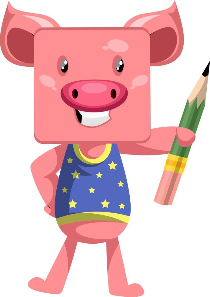 Pig with pen, illustration, vector on white background.