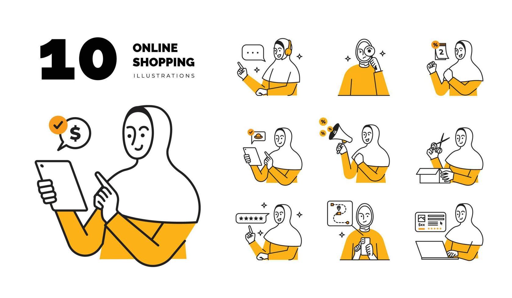 simple modern online shopping women with hijab illustration set vector