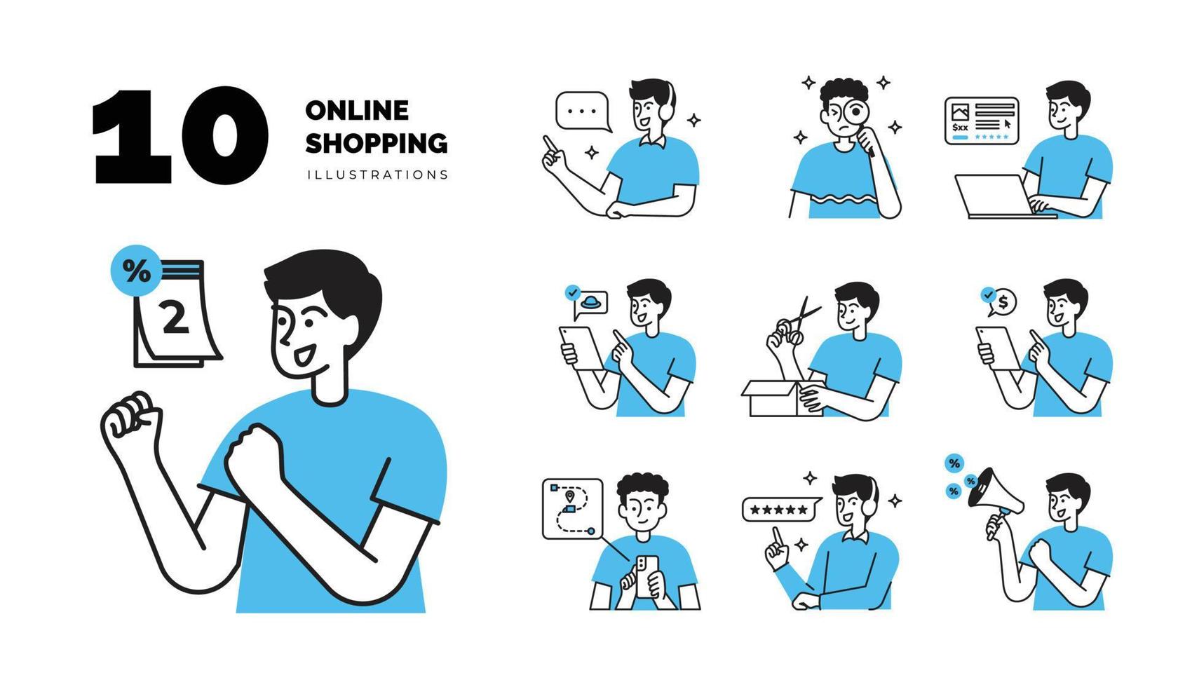 simple modern online shopping men illustration set vector