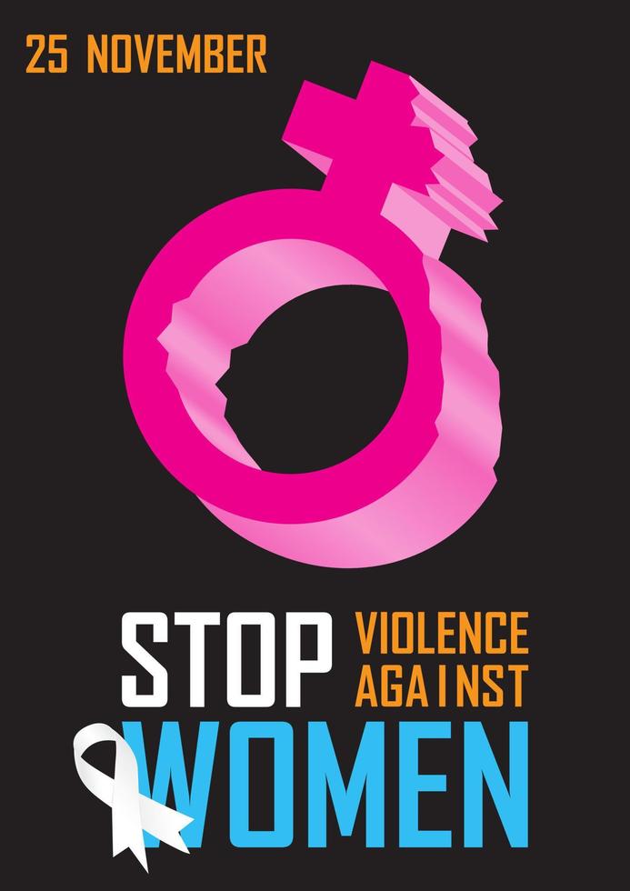 Pink icon of women broken and the day of event letters with colorful wording about International day for the elimination of Violence Against Women and ribbon isolate on black background. vector