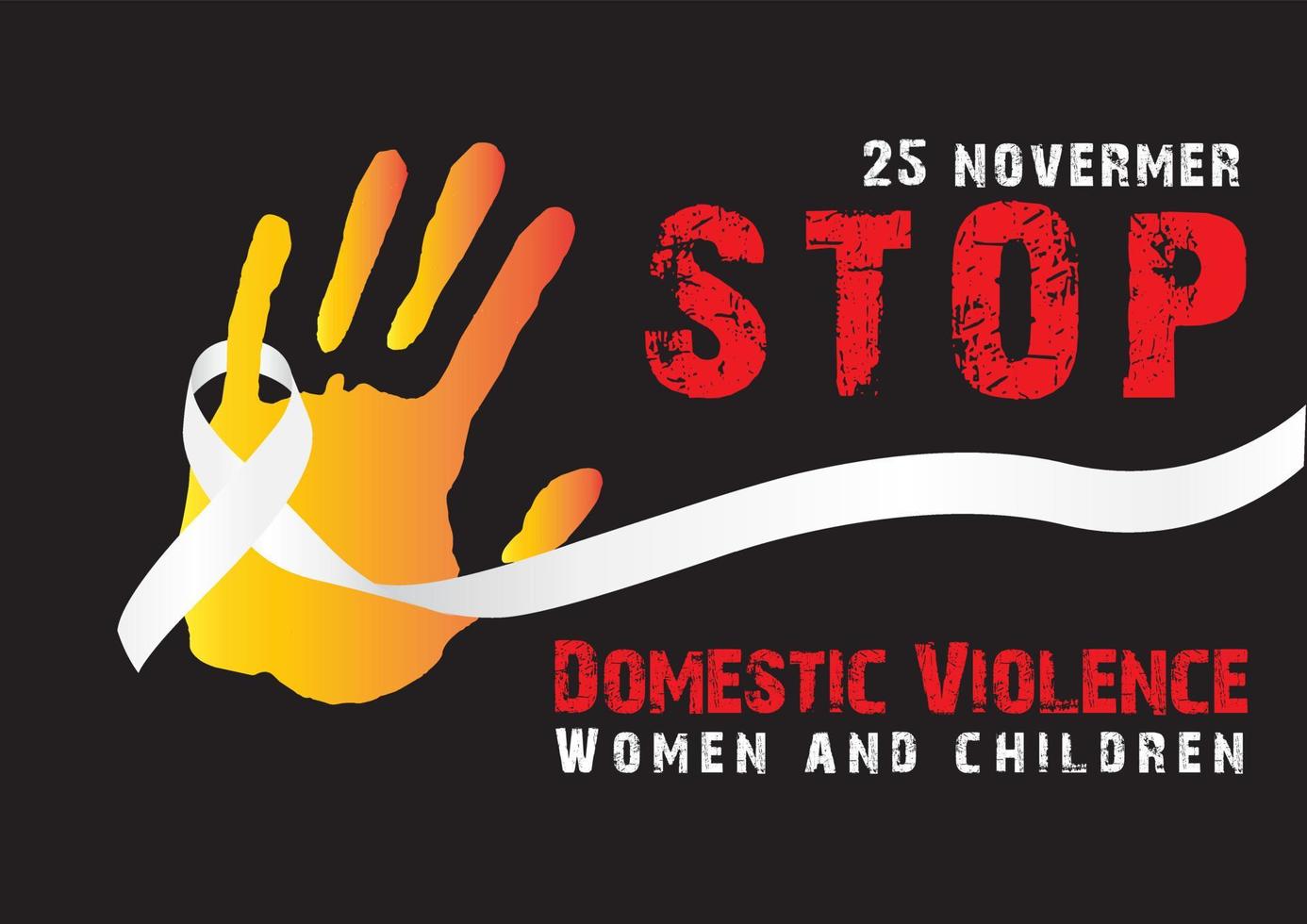 White ribbon and human hand with wording about International Day for the Elimination of violence Against women in poster and vector design isolate on black .background