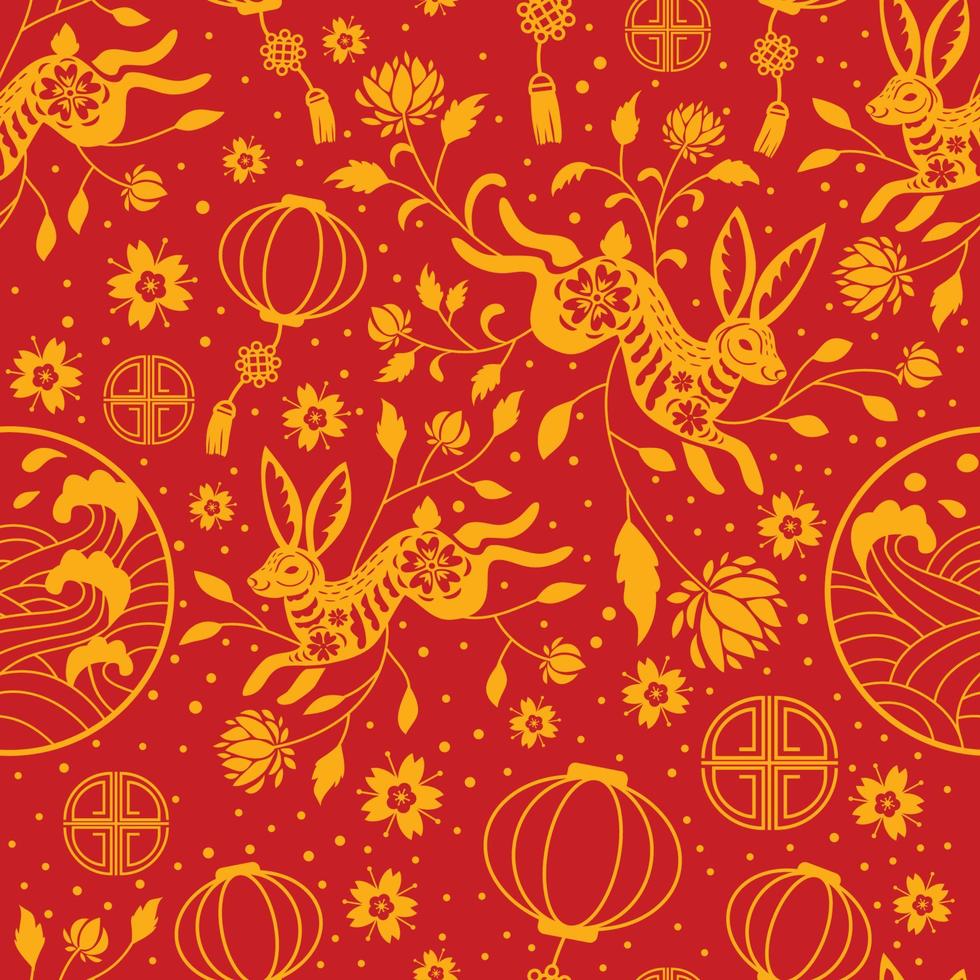 Deep Red Water Rabbit Chinese New Year Seamless Pattern vector