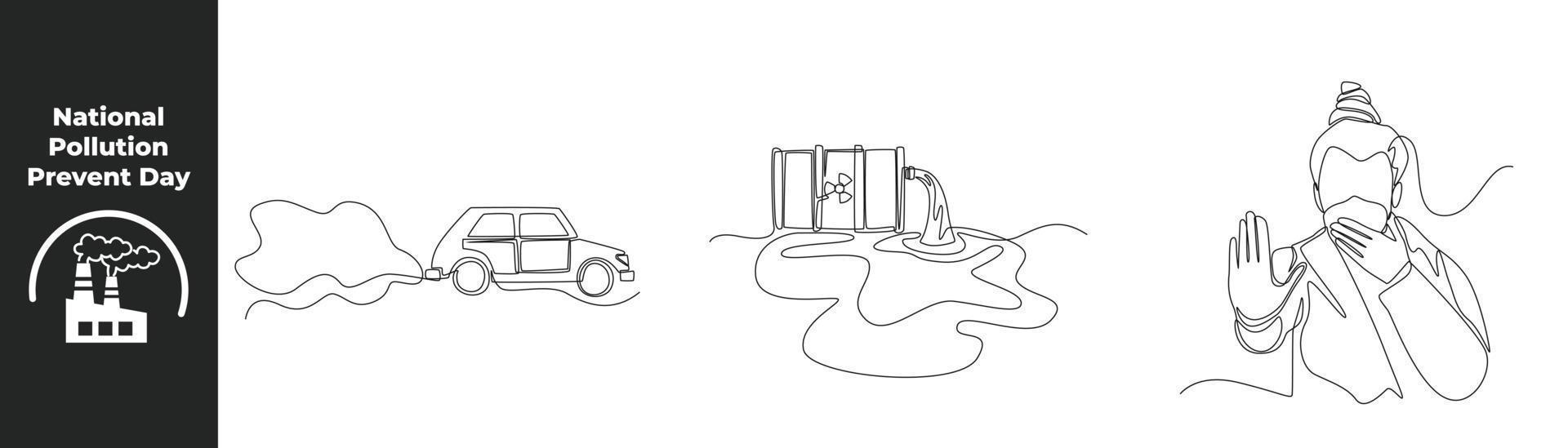 Continuous one line drawing national pollution prevent day concept set. Businessman forbid Exhaust pipe car emits exhaust and Factories emit hazardous waste. Design vector graphic illustration.