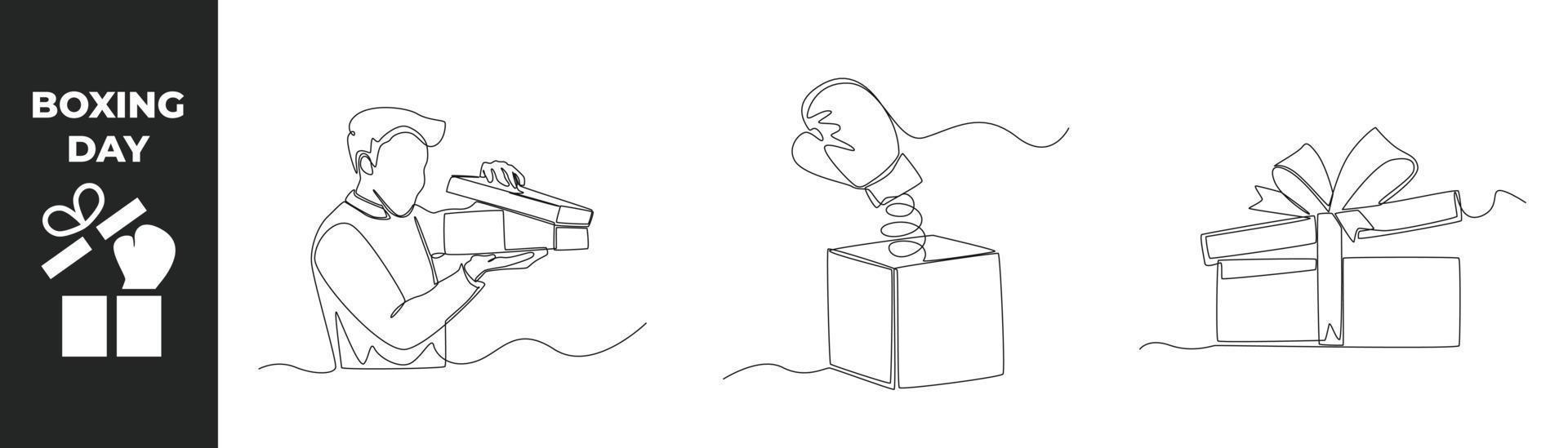 Single one line boxing day concept set. Hand open boxing, Boxing glove coming out of gift box and present box with ribbon. Continuous line draw design graphic vector illustration.