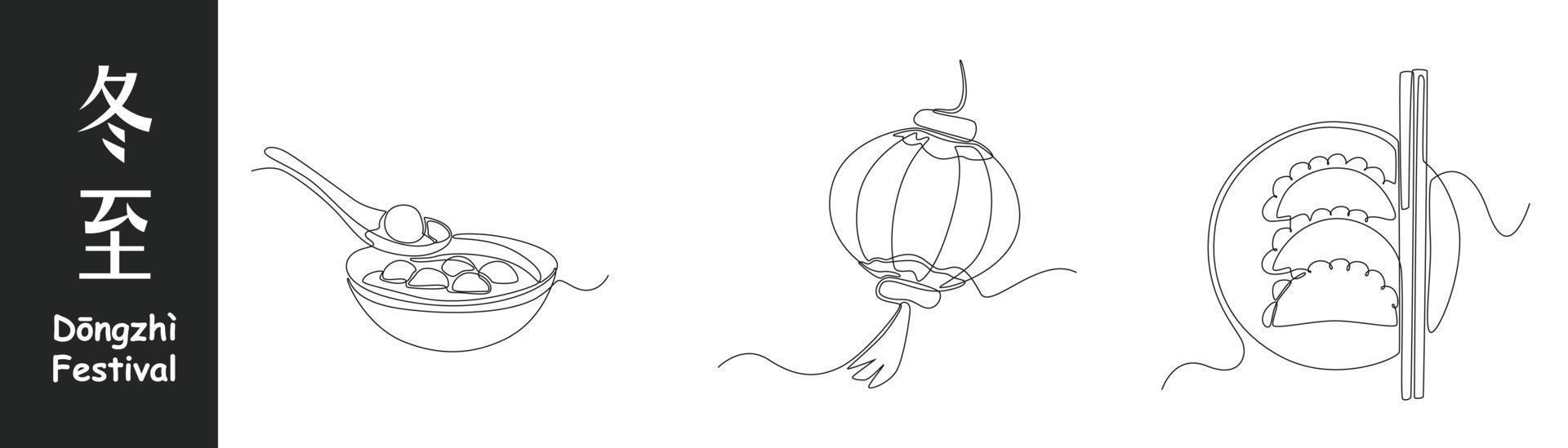 Continuous one line drawing dongzhi festival concept set. Tang Yuan sweet dumplings balls, Chinese lanterns and JiaoZi Pan-Fried Dumplings. Single line draw design vector graphic illustration.