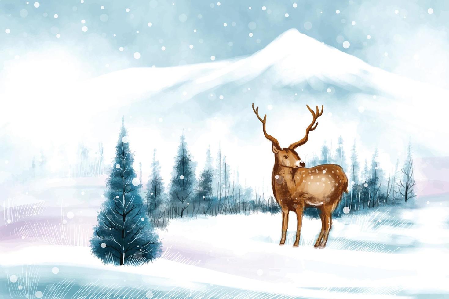 New year and christmas tree winter landscape background with reindeer vector
