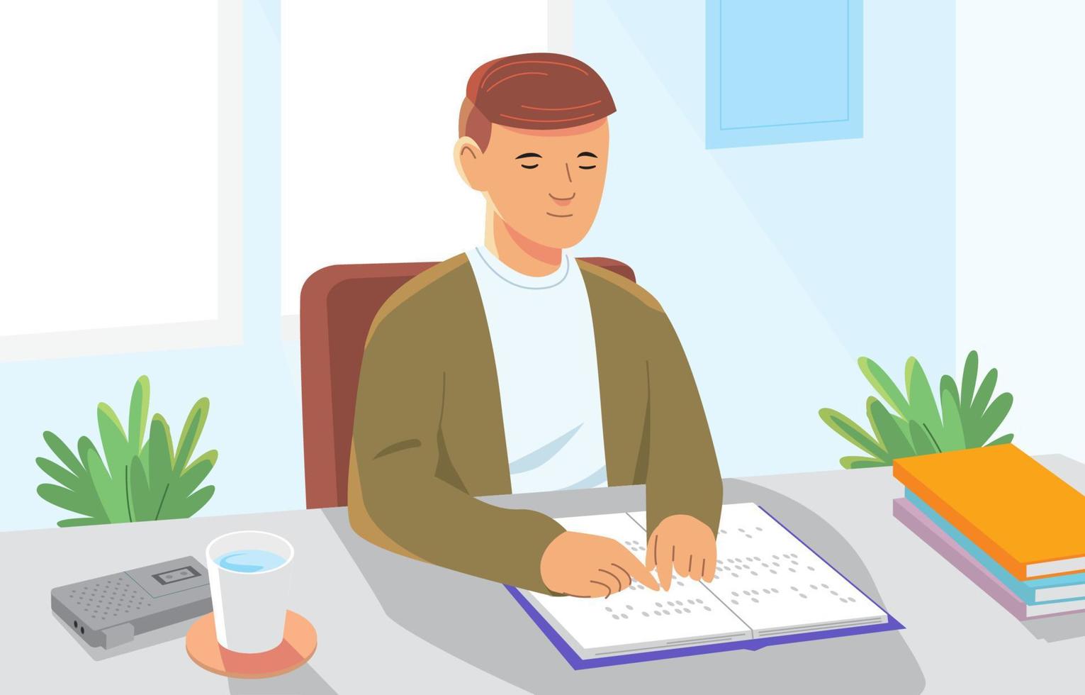 Blind Man Reading Braille Book With Hands vector