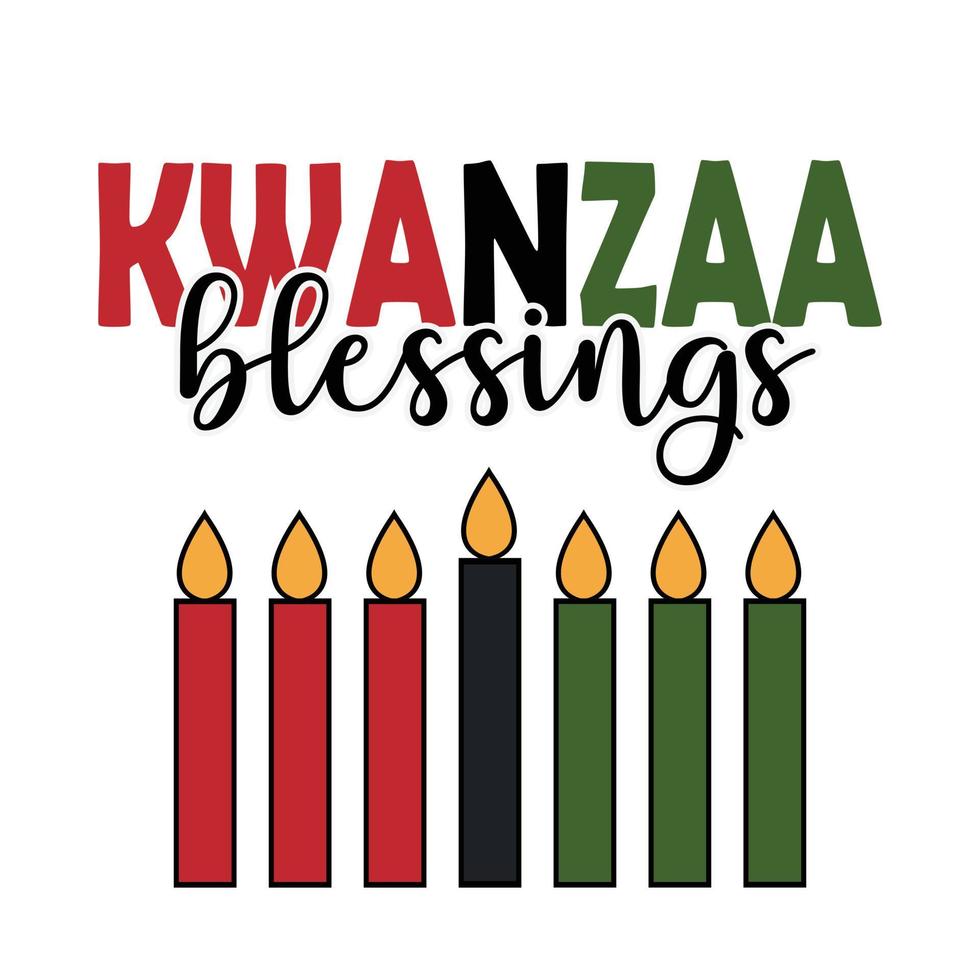 bendiciones de kwanzaa - letras de caligrafía de tinta negra de escritura de moda moderna. feliz tarjeta de felicitación kwanzaa, volante, invitación, afiche, plantilla de diseño de banner impresa con siete velas vector