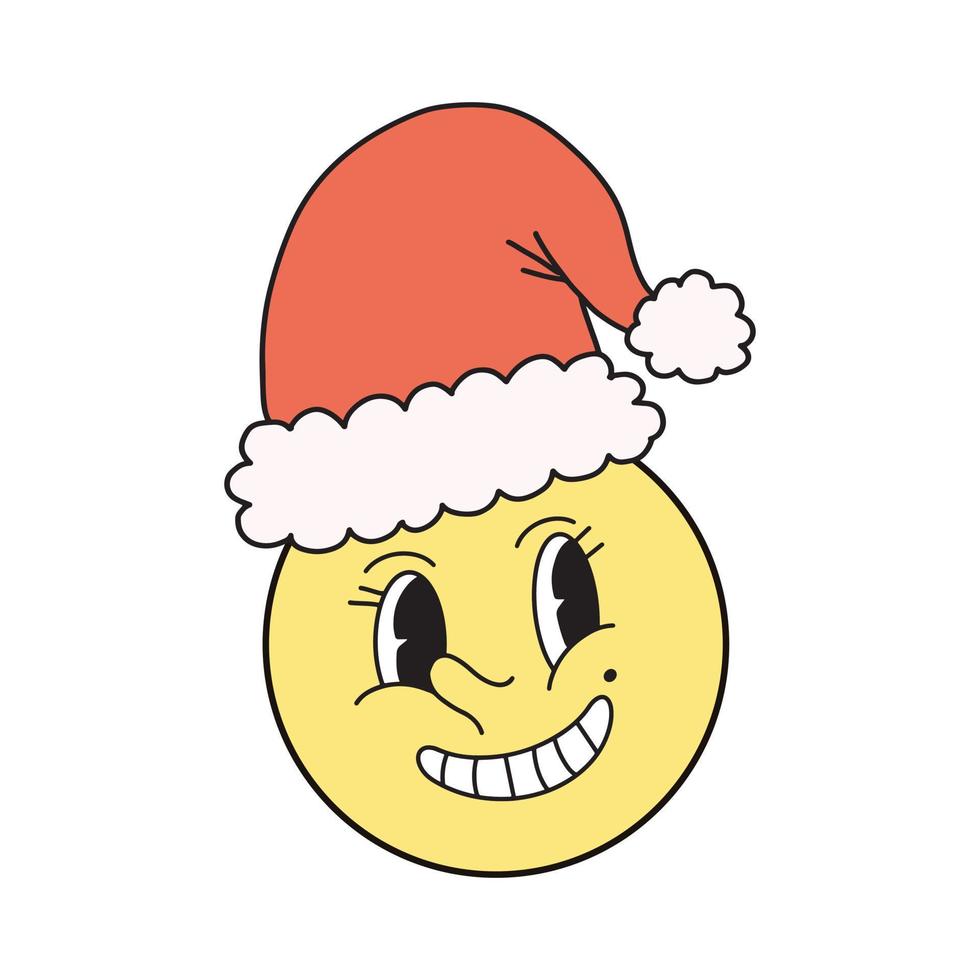 Cute happy face with smile circle symbol with Christmas red Santa hat. Groovy and Bright Vector illustration isolated on white background. Cute y2k retro comics character