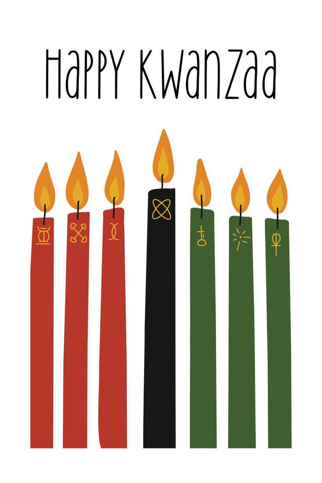 feliz tarjeta de felicitación kwanzaa con siete velas kinara largas - rojas, negras, verdes decoradas con diferentes adornos geométricos tribales. lindo cartel vertical simple para afroamericano kwanzaa vector