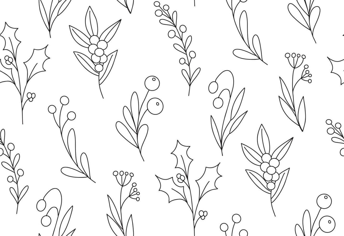 Cute winter black and white floral seamless pattern minimalist background. Hand drawn simple minimal line art branch with berries and leaves repeat texture. Black contour winter Christmas backdrop vector