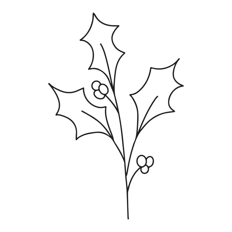 Hand drawn minimalist holly berry mistletoe branch with leaves and berries. Black contour line outline vector illutration in minimal doodle style. Winter holidays floral clip art, greenery