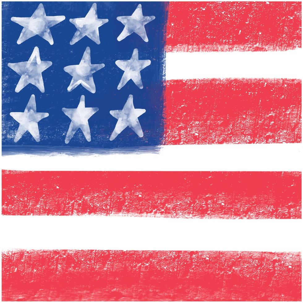 Flag of USA children artistic drawing with pastel paint. Red blue stars background template for American holidays. Veterans day, Labor day, 4th of July. vector