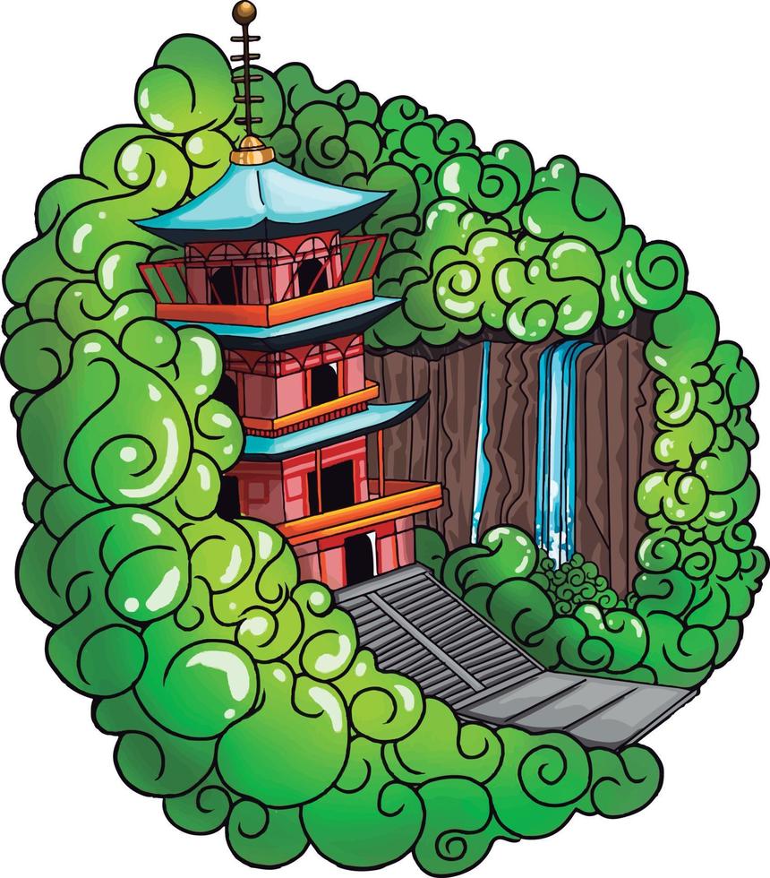 A castle in a greeny forest, illustration, vector on white background.