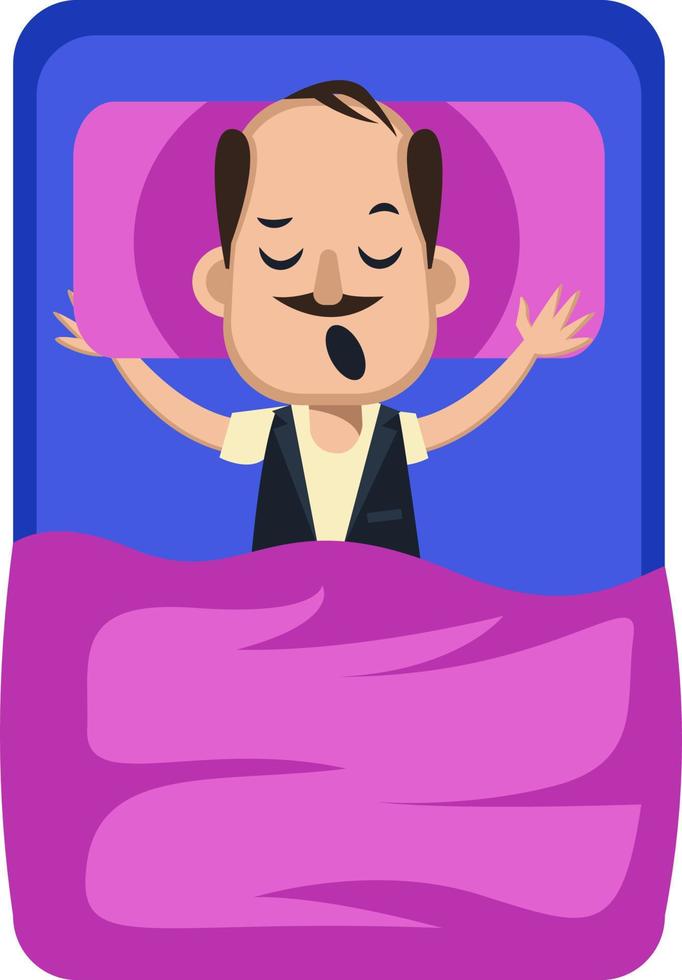 Man sleeping in bed, illustration, vector on white background.