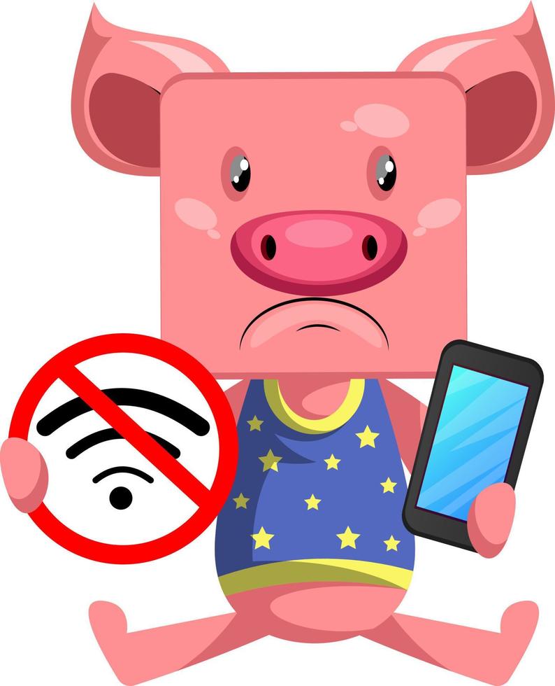 Pig with no wifi, illustration, vector on white background.