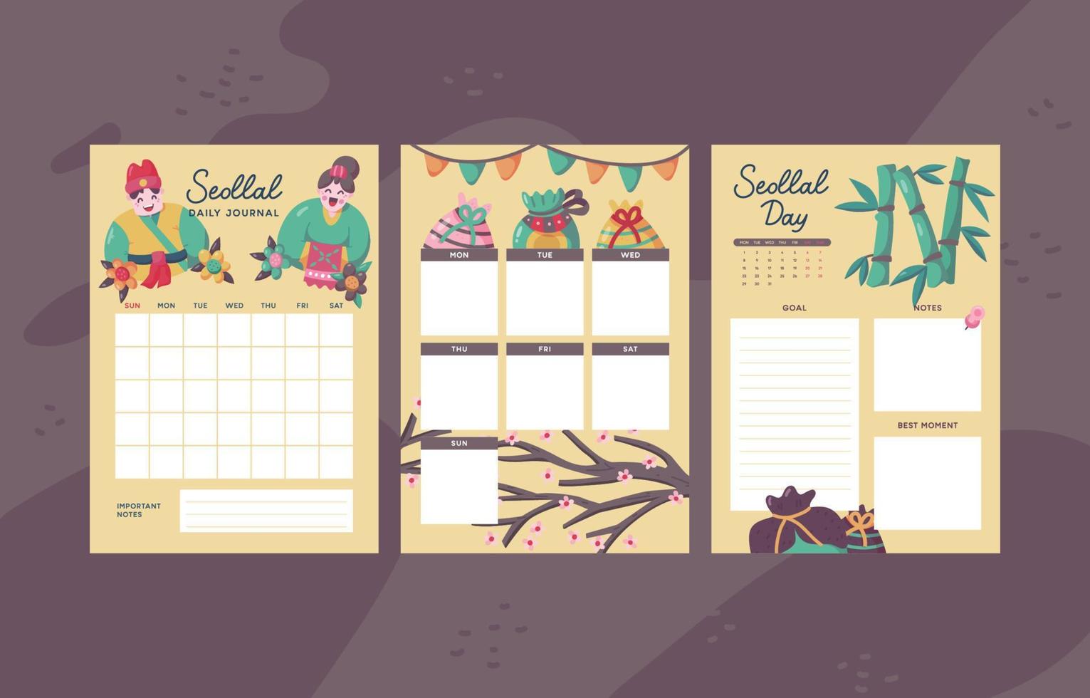 Seollal Celebration Journal Planner Pages Template vector