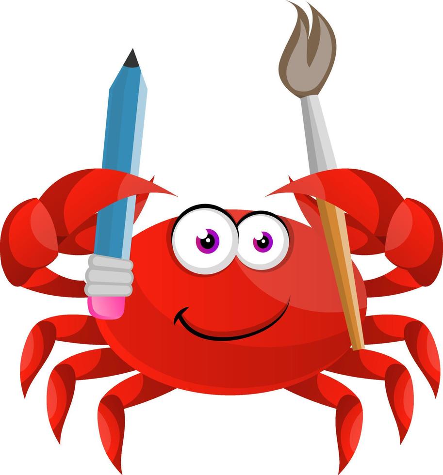 Crab with paintbrush, illustration, vector on white background.