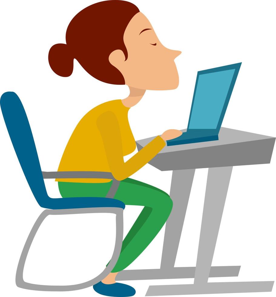 Woman sitting and working on laptop, illustration, vector on white background