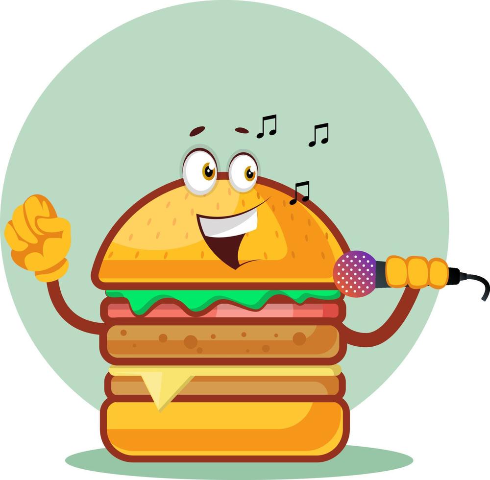 Singing burger is holding a microphone, illustration, vector on white background.