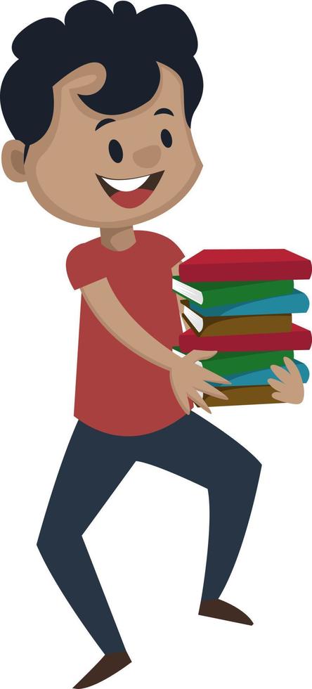 Boy is holding books, illustration, vector on white background.