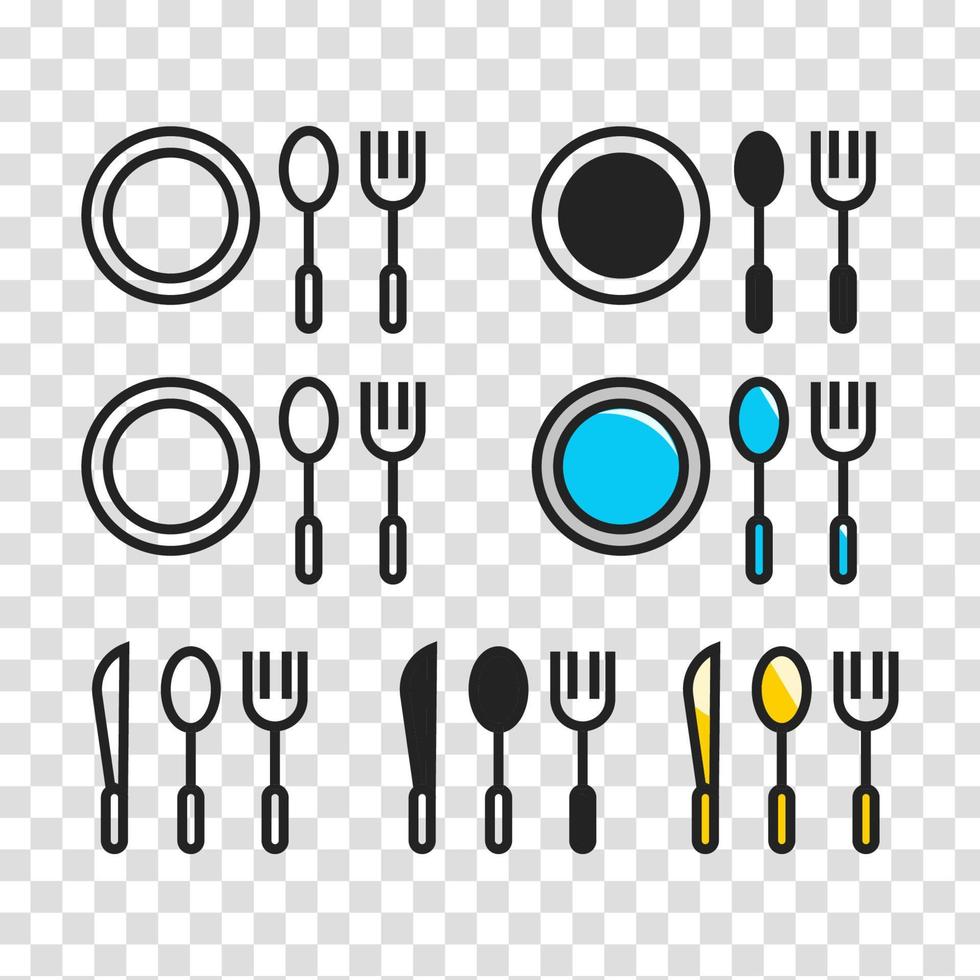 tenedor, cuchillo, cuchara, conjunto de iconos de línea de plato aislado en fondo blanco. cena, vector de símbolo de comida