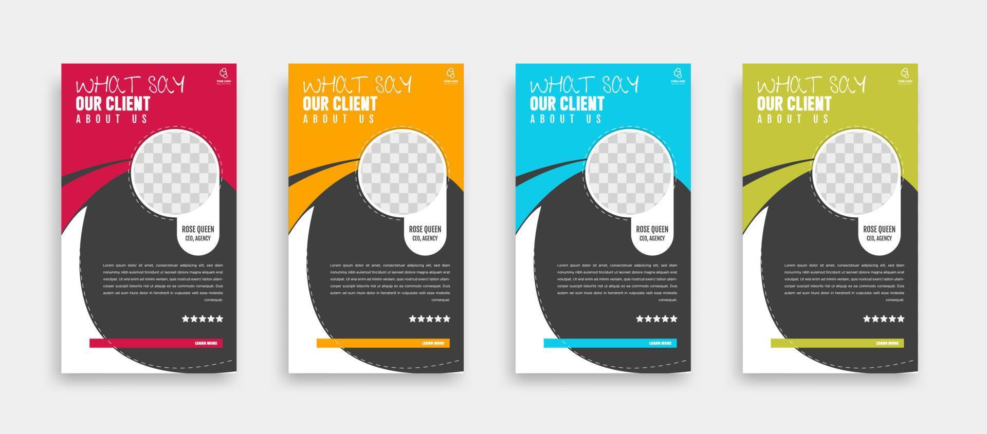 Modern and creative client testimonial social media post design. Customer service feedback review social media post or web banner with color variation template. vector