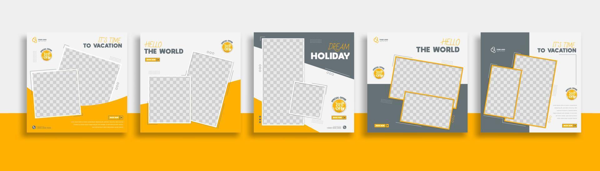 Travel Set of Editable minimal square banner template. Green yellow white background color with geometric shapes for social media post, story and web internet ads. Vector illustration