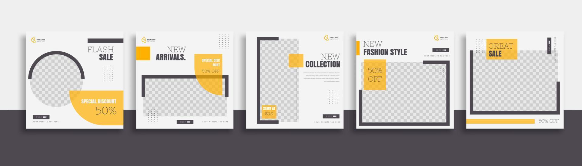 Set of Editable minimal square banner template. black yellow white background color with geometric shapes for social media post and web internet ads. Vector illustration