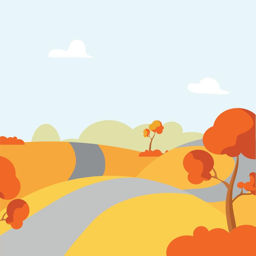 Autumn rural landscape with trees, fields and a road. Vector cartoon illustration