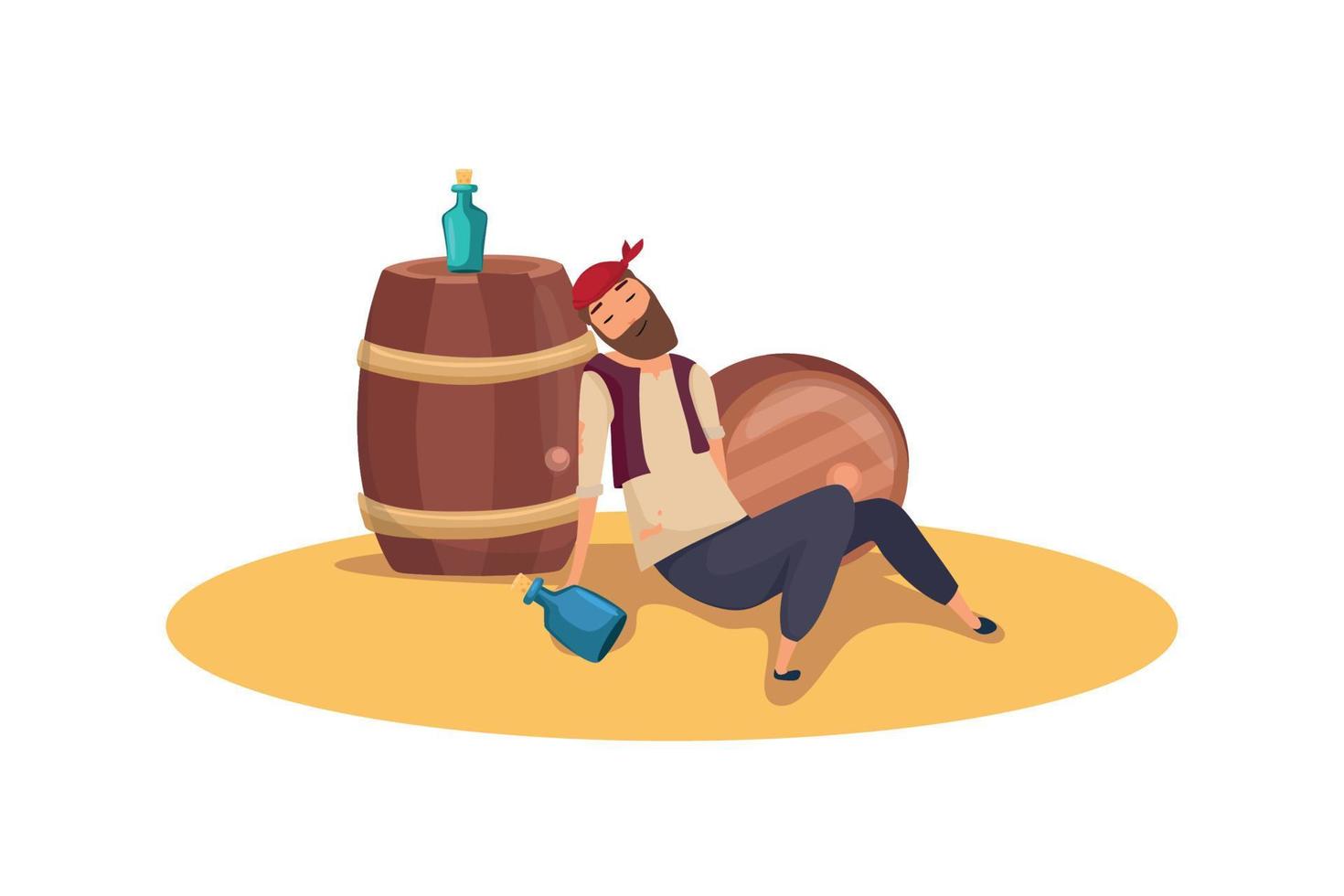 A drunken pirate with a bottle in his hand sleeps next to the barrels. Vector cartoon illustration