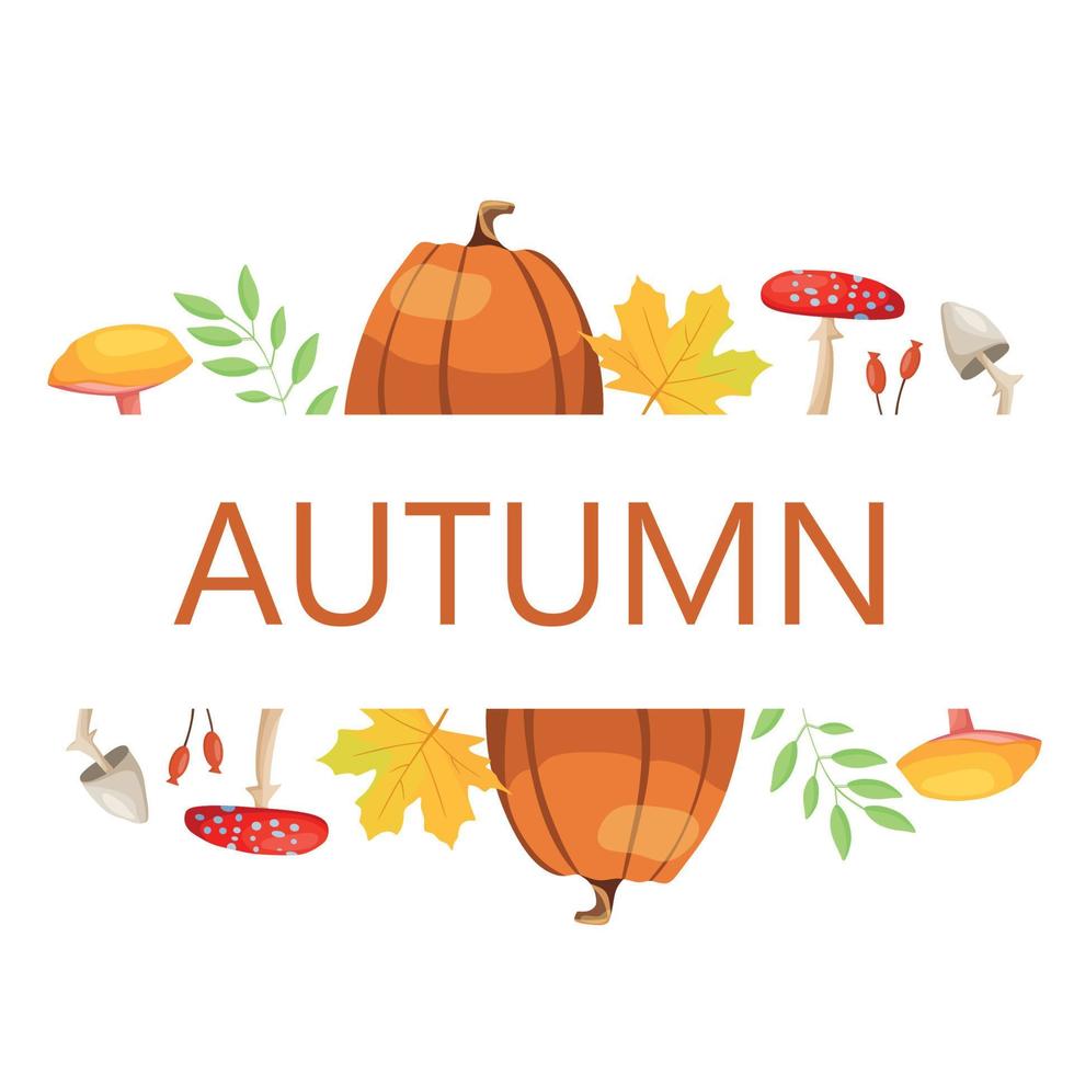 Vector autumn illustration with pumpkin, mushrooms and leaves. Suitable for postcards, posters, advertisements