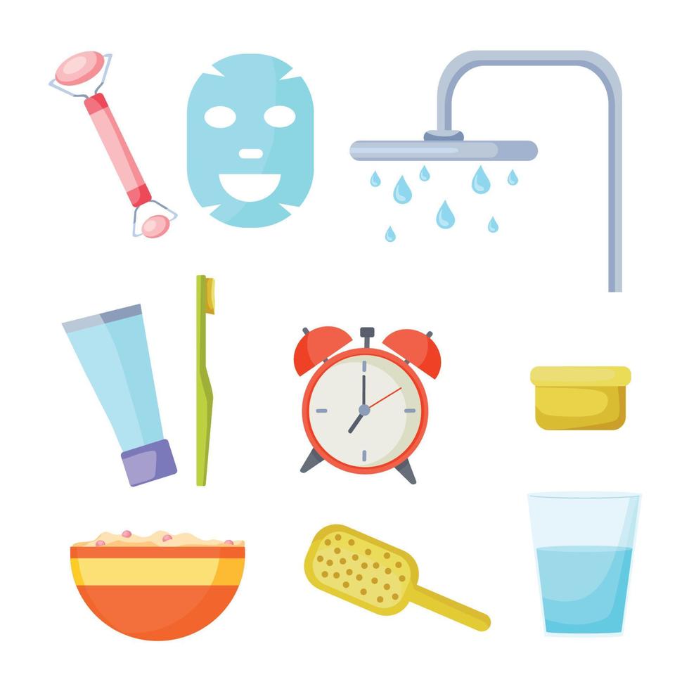 Set of morning routine elements - comb, cream, shower, massager, toothpaste and brush, porridge and alarm clock. Everyday affairs. Early awakening. Vector cartoon illustration.