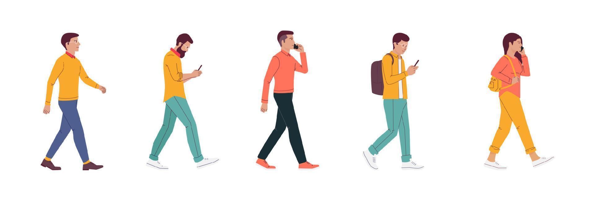 The profile of various people walking down the street. flat design style minimal vector illustration.