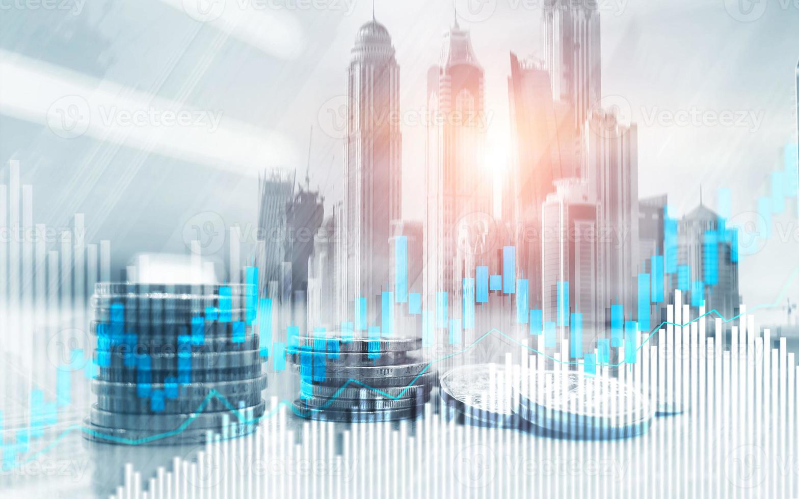 Stock trading candlestick chart and diagrams. Abstract double exposure finance background. photo